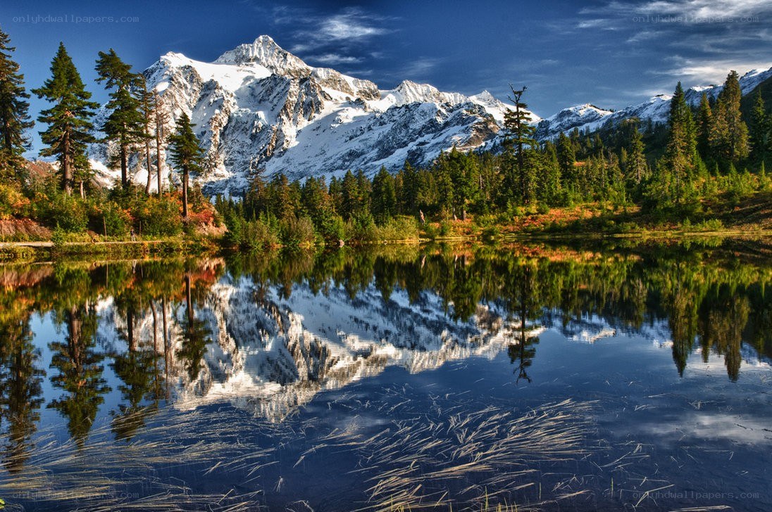 Snow-capped mountain reflected in lake