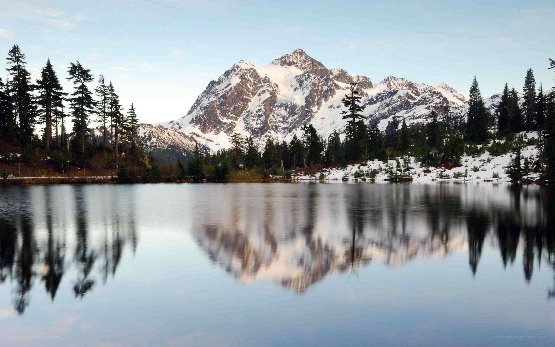 Snow-capped mountain reflected in lake