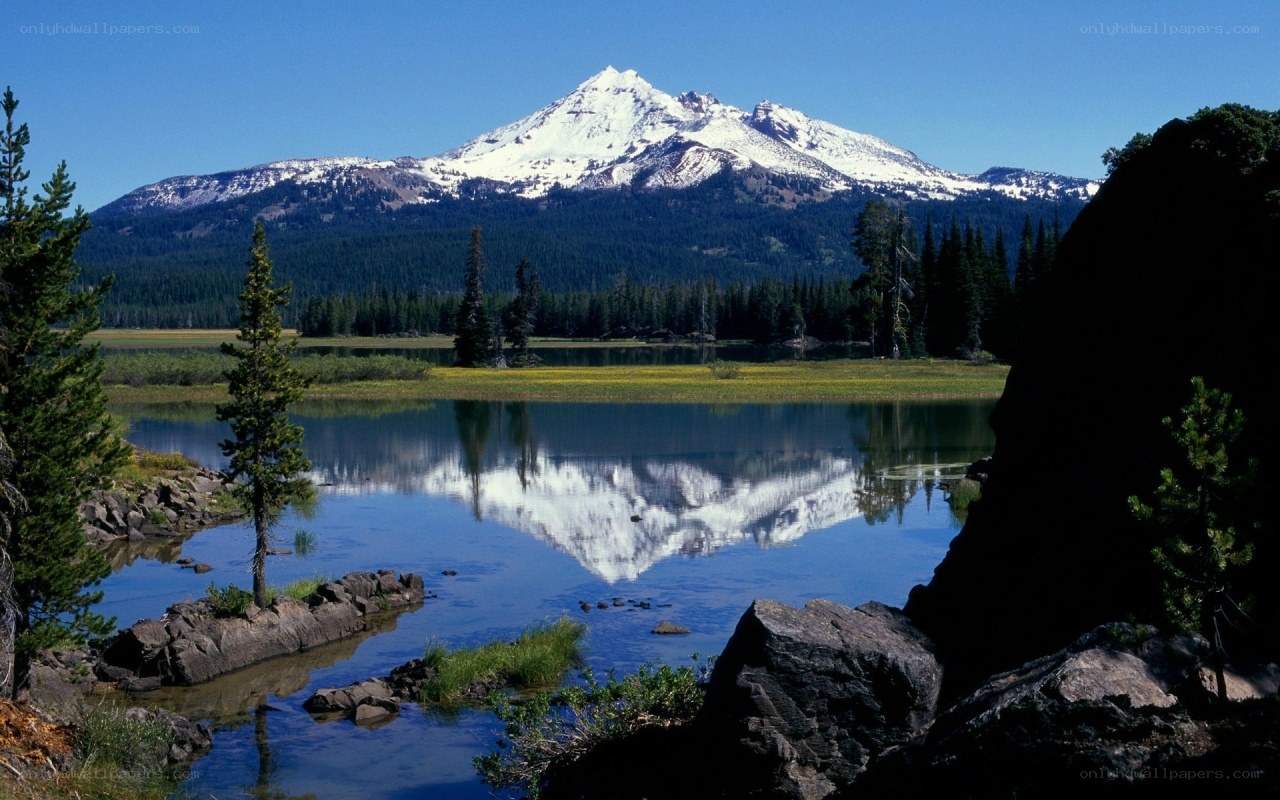 Snow-capped mountain reflected in lake