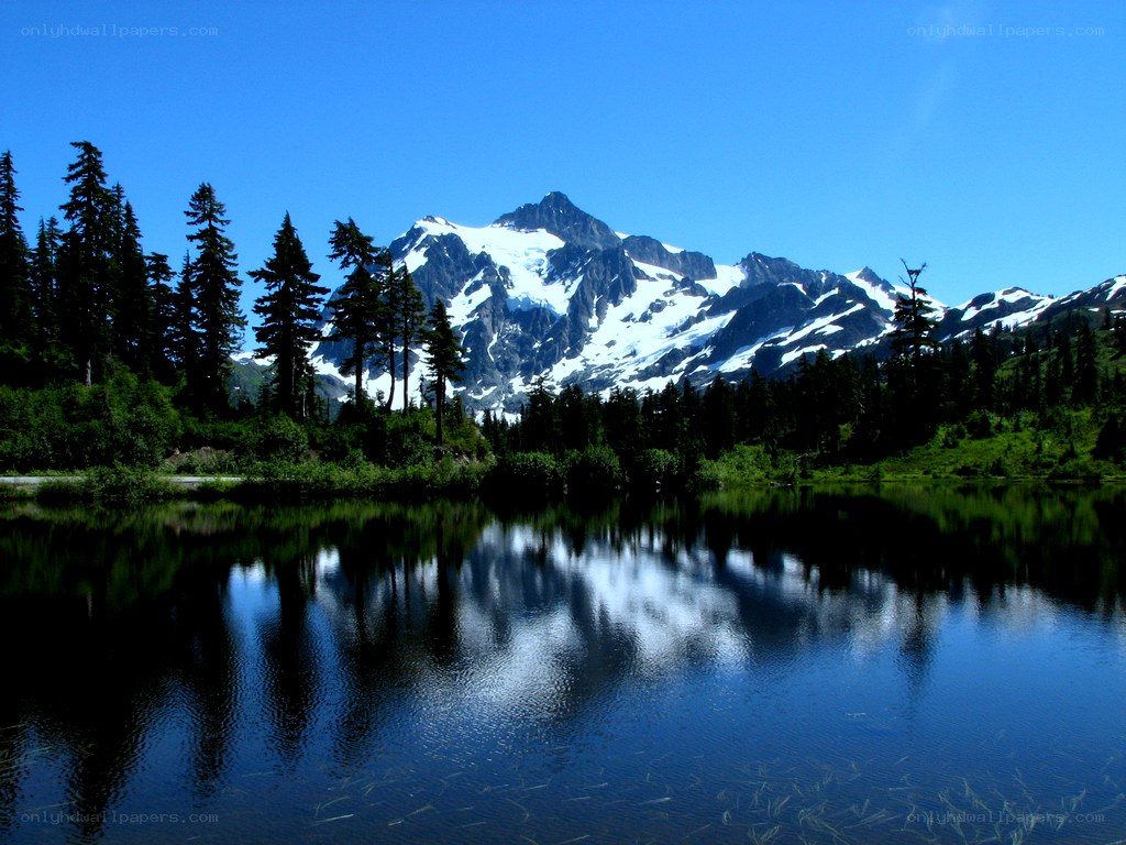 Snow-capped mountain reflected in lake