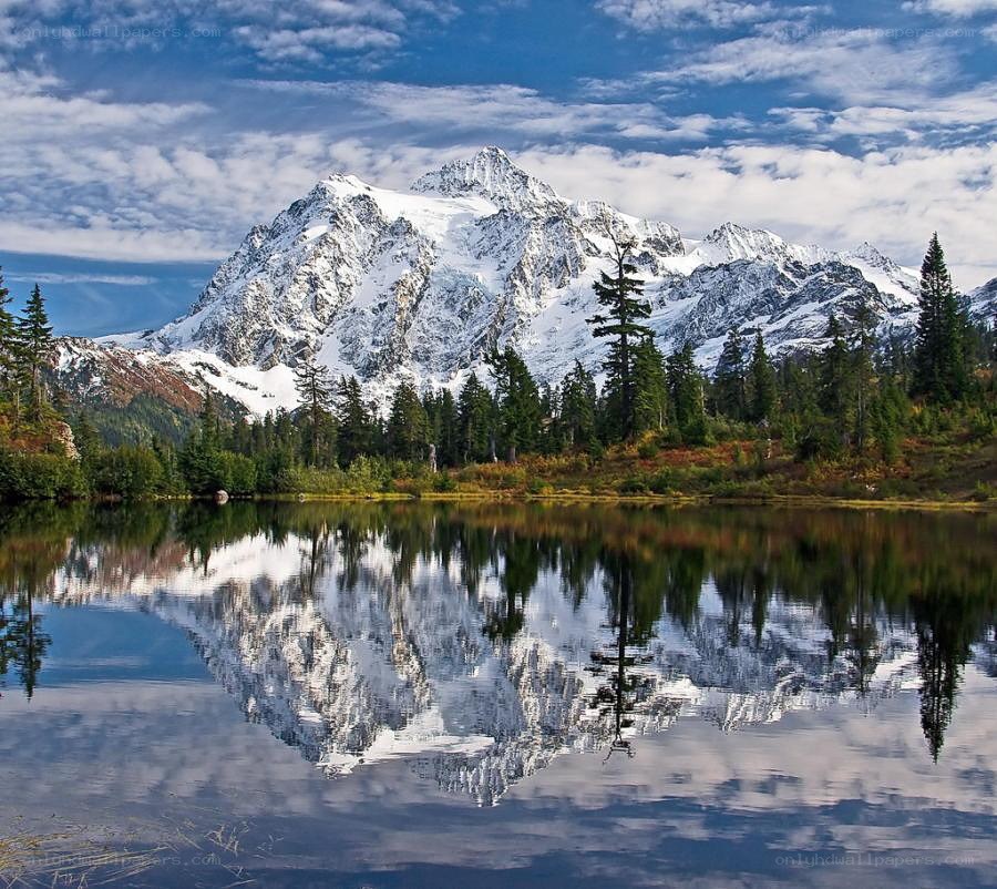 Snow-capped mountain reflected in lake