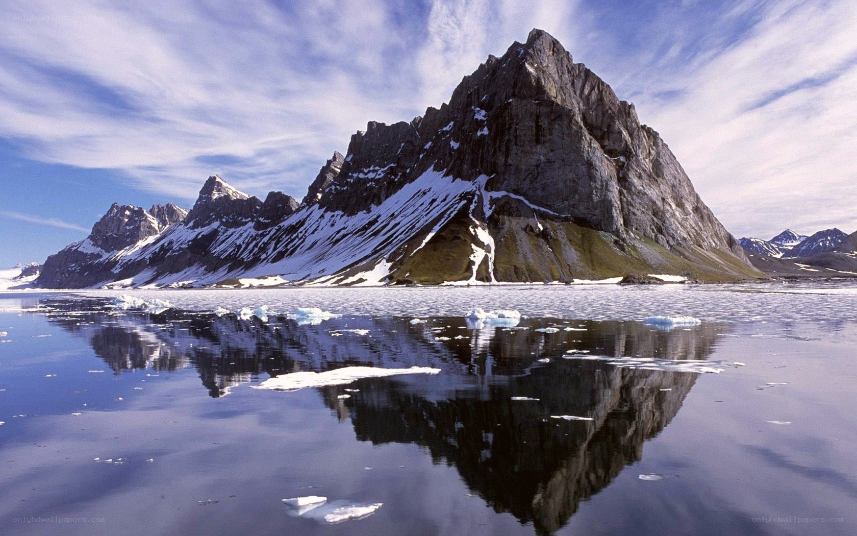 Snow-capped mountain reflected in water