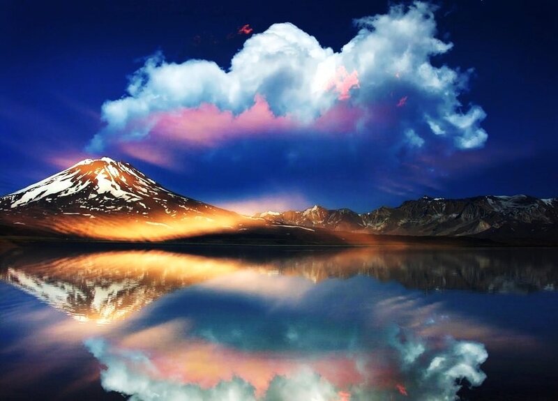 Snow-capped Mountain Reflection — Blue, Dramatic, Sunset, Photograph, Lake, Clouds