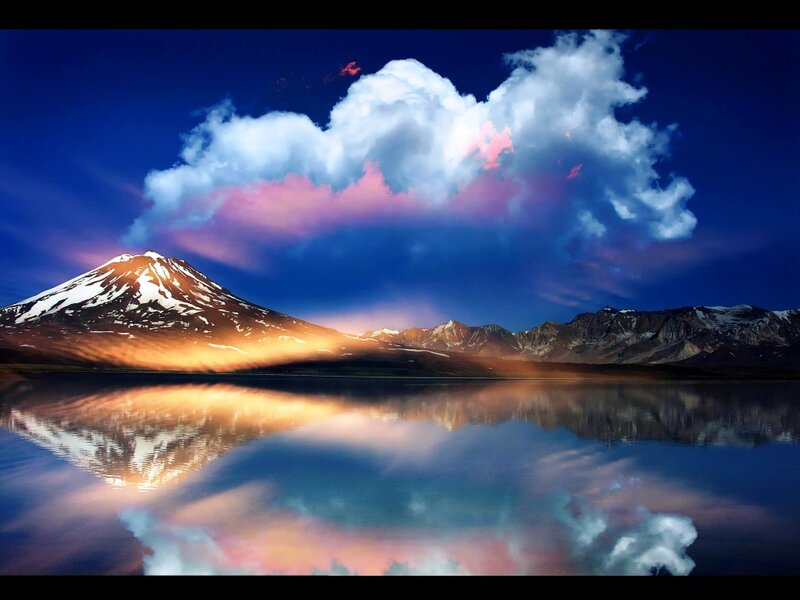 Snow-capped Mountain Reflection — Blue, Dramatic, Sunset