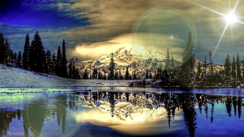 Snow-capped Mountain Reflection — Blue, Dramatic