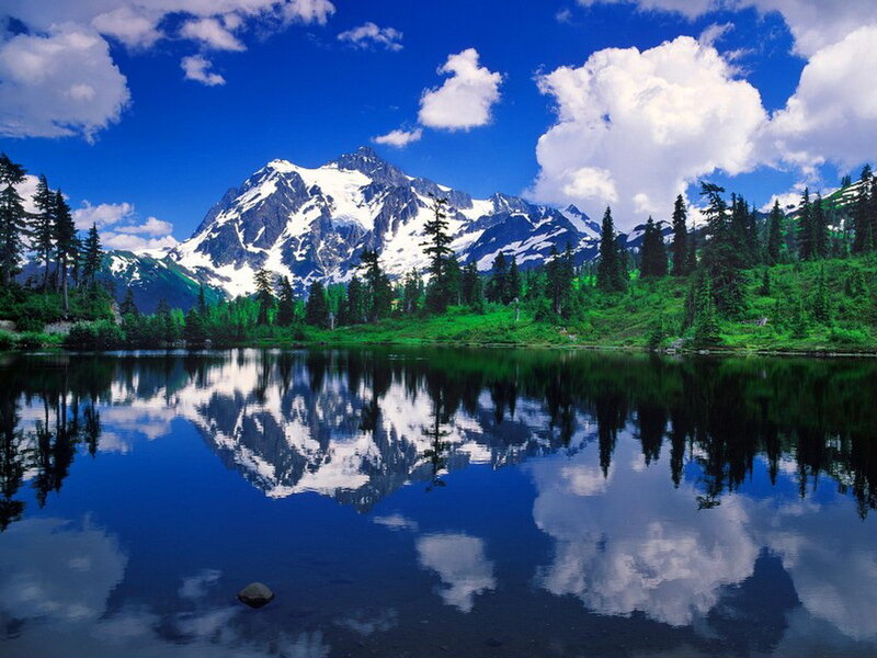 Snow-capped Mountain Reflection — Blue, Serene, Afternoon, Photograph, Lake, Trees, Clouds