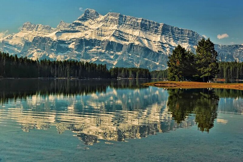 Snow-capped Mountain Reflection — Blue, Serene, Afternoon, Photograph, Lake, Trees, Forest