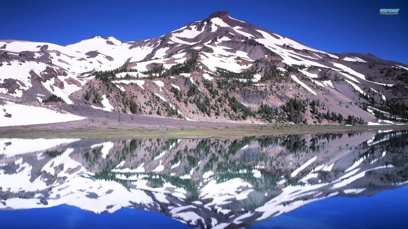 Snow-capped Mountain Reflection — Blue, Serene, Afternoon, Photograph, Lake, Trees, Sky, White