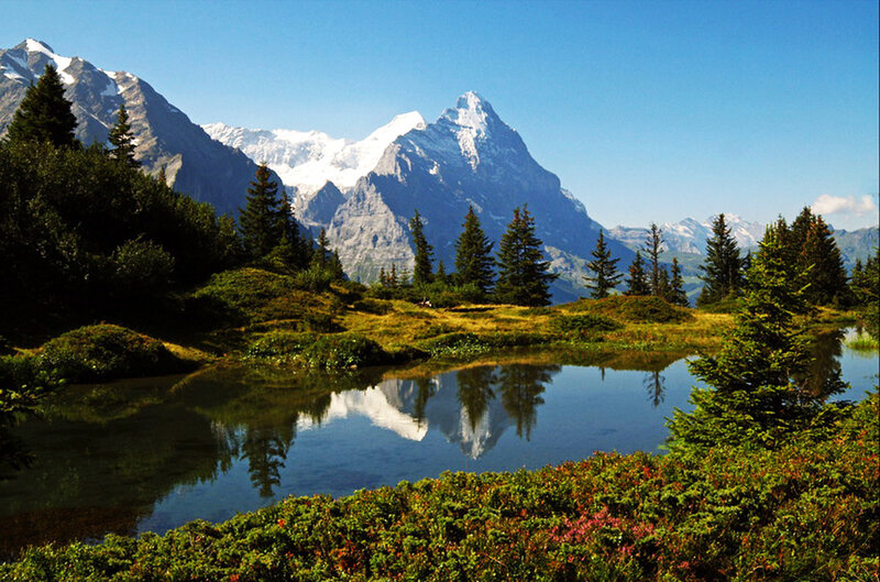 Snow-capped Mountain Reflection — Blue, Serene, Afternoon