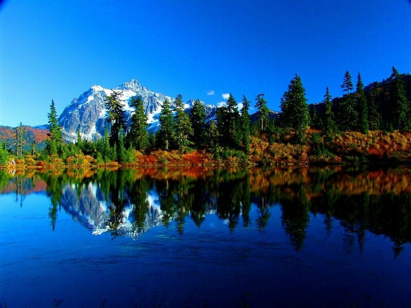Snow-capped Mountain Reflection — Blue, Serene, Autumn, Photograph, Lake, Trees, Green, White