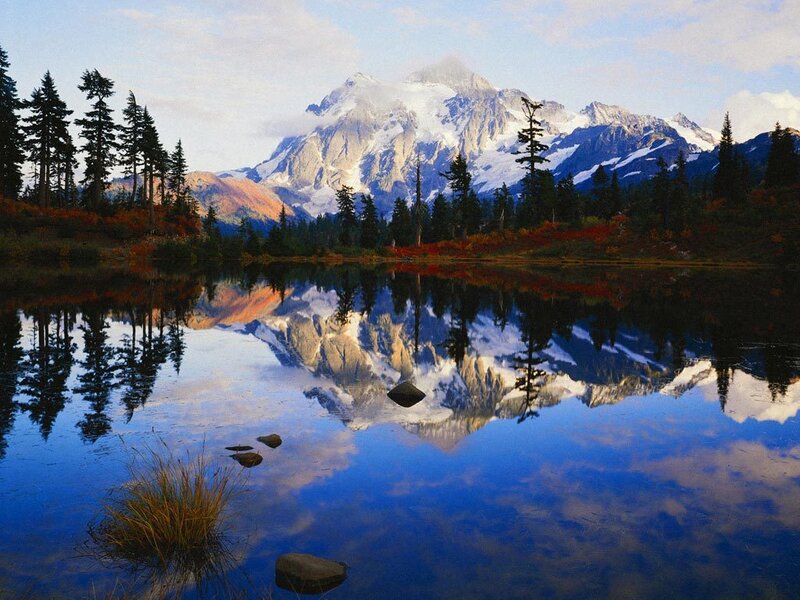 Snow-capped Mountain Reflection — Blue, Serene, Autumn, Photograph, Lake, Trees, White, Green