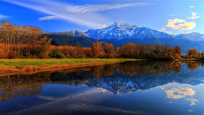 Snow-capped Mountain Reflection — Blue, Serene, Autumn, Photograph