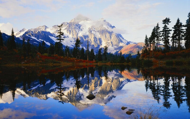 Snow-capped Mountain Reflection — Blue, Serene, Autumn