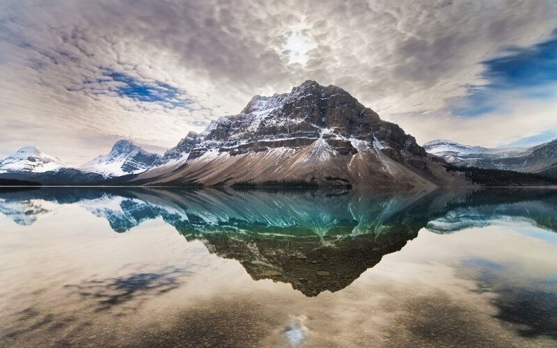 Snow-capped Mountain Reflection — Blue, Serene, Morning, Photograph, Lake, Clouds, Mountains