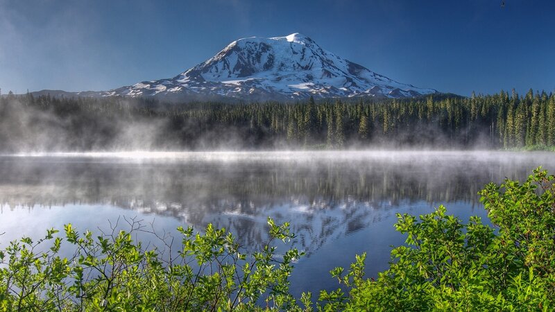 Snow-capped Mountain Reflection — Blue, Serene, Morning, Photograph, Lake, Forest, Mist
