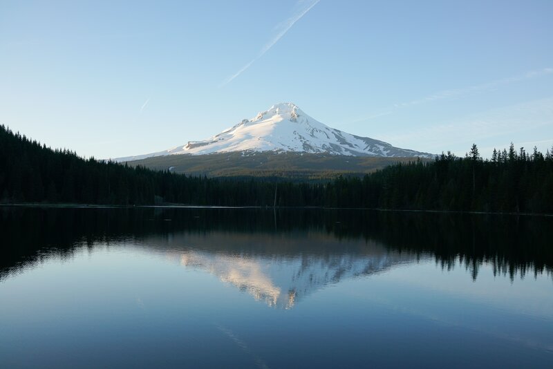 Snow-capped Mountain Reflection — Blue, Serene, Morning, Photograph, Lake, Forest, Sky