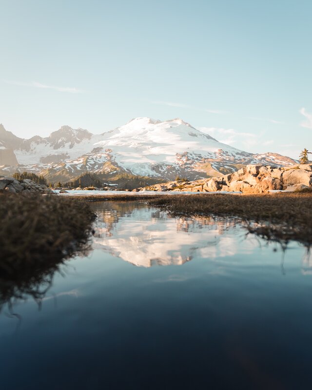 Snow-capped Mountain Reflection — Blue, Serene, Morning, Photograph, Lake, Rocks