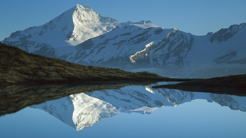Snow-capped Mountain Reflection — Blue, Serene, Morning, Photograph, Lake, Sky