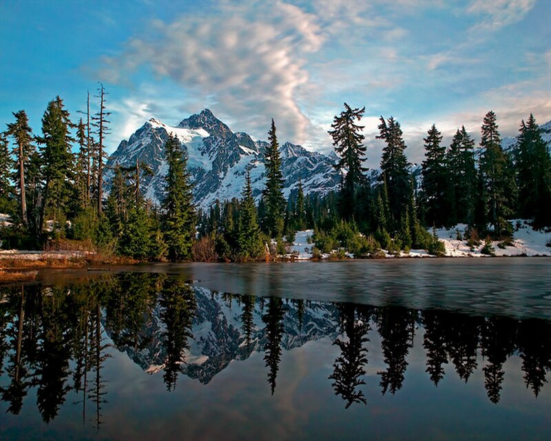 Snow-capped Mountain Reflection — Blue, Serene, Morning, Photograph