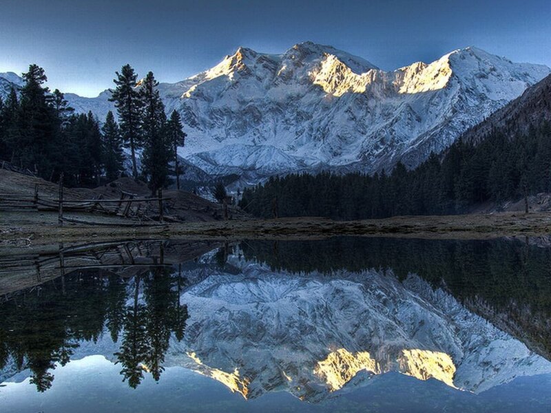 Snow-capped Mountain Reflection — Blue, Serene, Morning