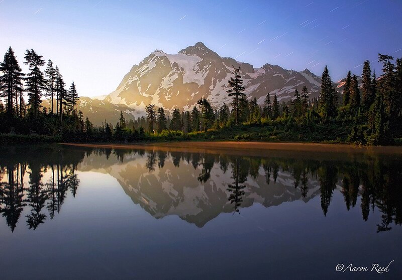 Snow-capped Mountain Reflection — Blue, Serene, Night