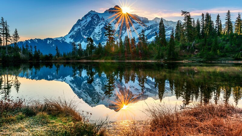 Snow-capped Mountain Reflection — Blue, Serene, Sunrise, Photograph, Lake, Trees, Sun