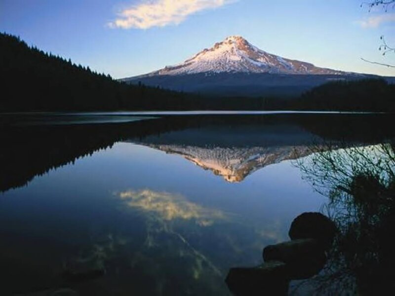 Snow-capped Mountain Reflection — Blue, Serene, Sunrise, Photograph