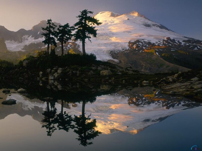 Snow-capped Mountain Reflection — Blue, Serene, Sunrise