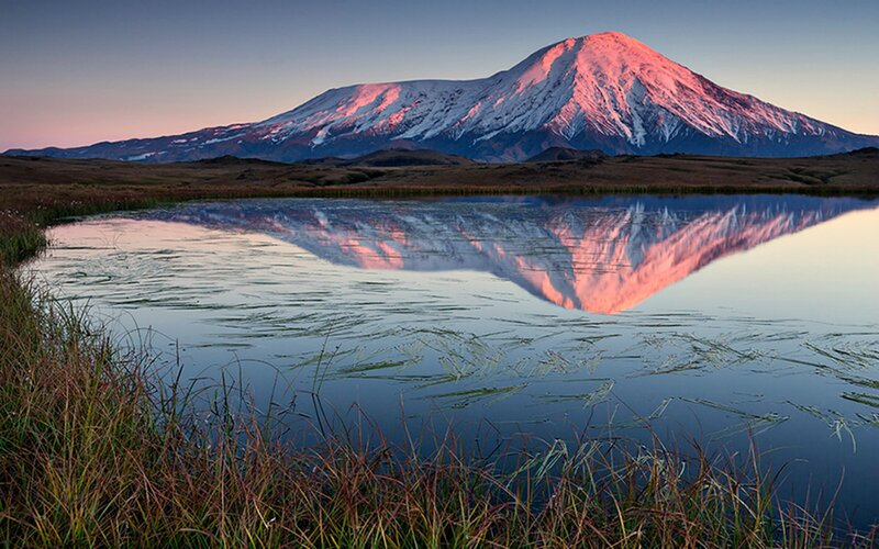 Snow-capped Mountain Reflection — Blue, Serene, Sunset, Photograph, Lake, Grass