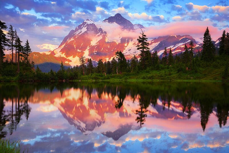 Snow-capped Mountain Reflection — Blue, Serene, Sunset, Photograph, Lake, Trees, Clouds