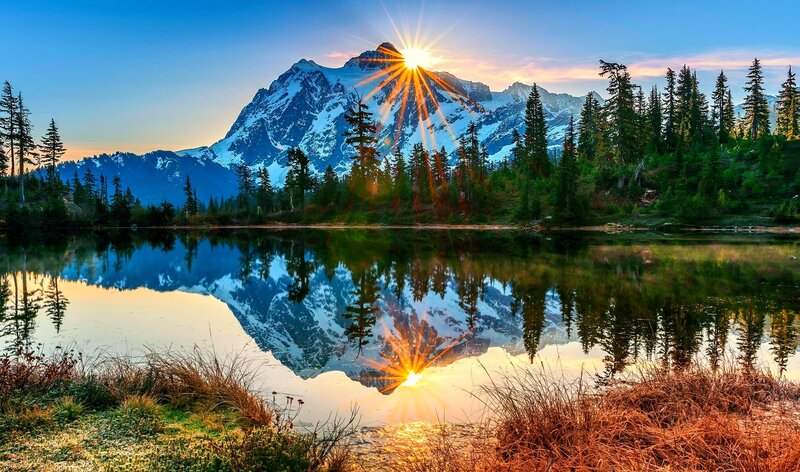 Snow-capped Mountain Reflection — Blue, Serene, Sunset, Photograph, Lake, Trees, Sun