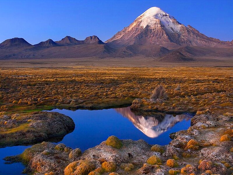 Snow-capped Mountain Reflection — Blue, Serene, Sunset, Photograph