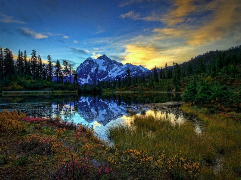 Snow-capped Mountain Reflection — Blue, Serene, Sunset