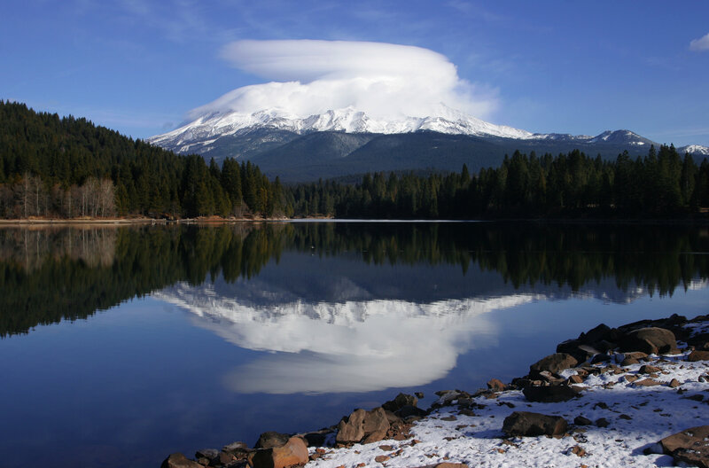 Snow-capped Mountain Reflection — Blue, Serene, Winter, Photograph, Lake, Forest