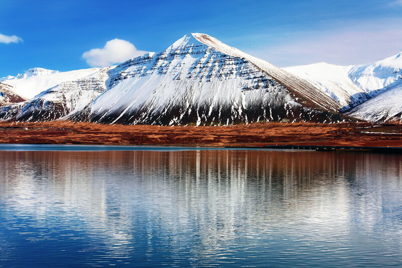 Snow-capped Mountain Reflection — Blue, Serene, Winter, Photograph, Lake, Sky