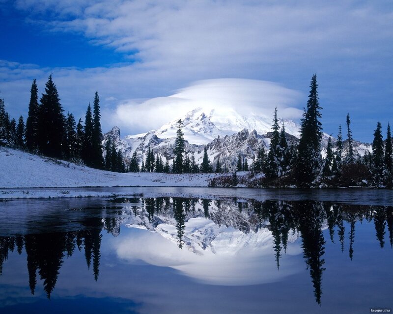Snow-capped Mountain Reflection — Blue, Serene, Winter, Photograph, Lake, Trees, Cloud