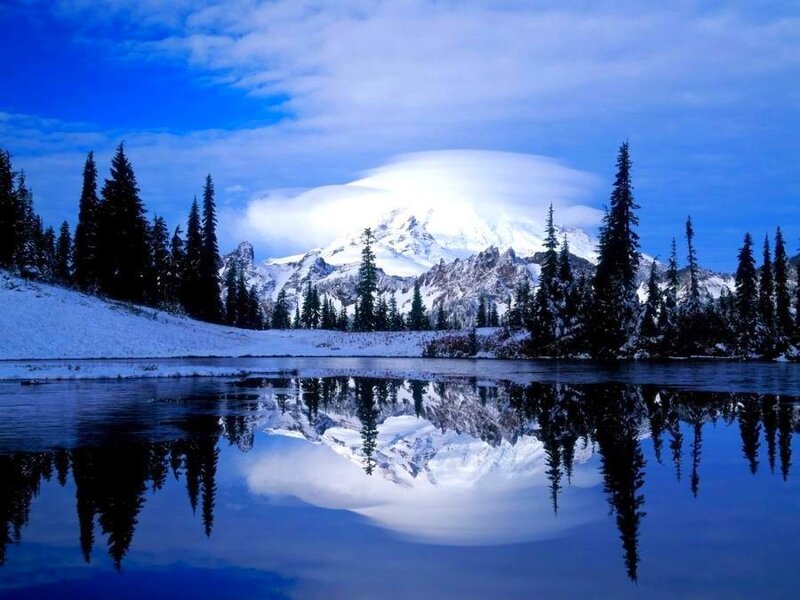 Snow-capped Mountain Reflection — Blue, Serene, Winter, Photograph, Lake, Trees, Cloud, White, Black
