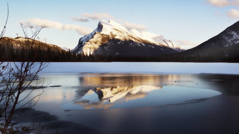 Snow-capped Mountain Reflection — Blue, Serene, Winter, Photograph, Lake, Trees