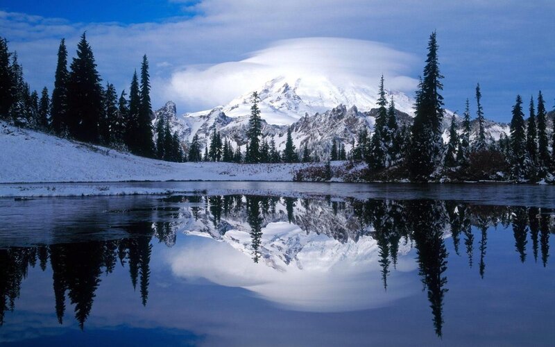 Snow-capped Mountain Reflection — Blue, Serene, Winter, Photograph, Pine Trees, Lake, Cloud, White