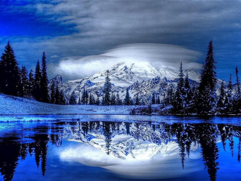 Snow-capped Mountain Reflection — Blue, Serene, Winter, Photograph, Pine Trees
