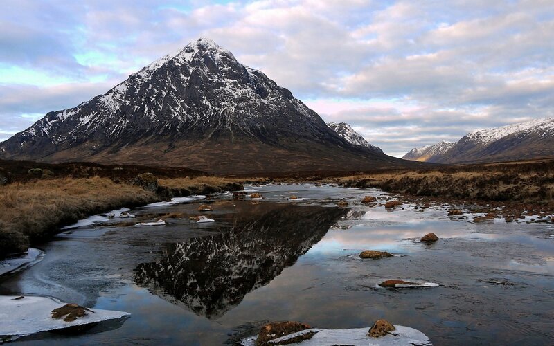 Snow-capped Mountain Reflection — Blue, Serene, Winter, Photograph, River, Sky, Rocks