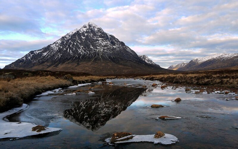 Snow-capped Mountain Reflection — Blue, Serene, Winter, Photograph, River, Sky