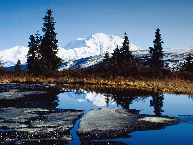 Snow-capped Mountain Reflection — Blue, Serene, Winter, Photograph, Trees