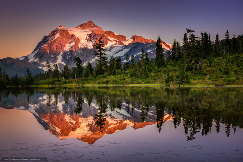 Snow-capped Mountain Reflection — Purple, Serene, Sunset