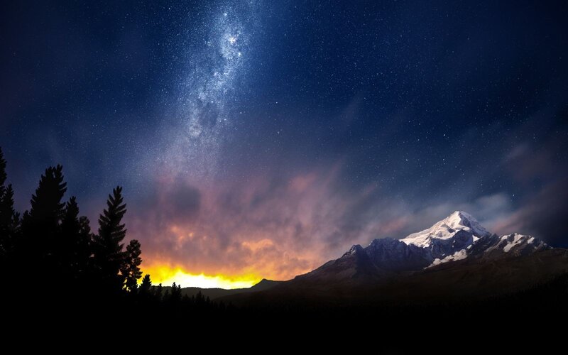 Snow-capped Mountain under Stars — Blue, Dramatic, Night