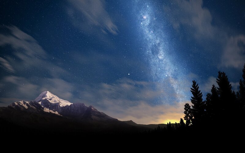 Snow-capped Mountain under Stars — Blue, Serene, Night, Photograph, Clouds, Trees, Black
