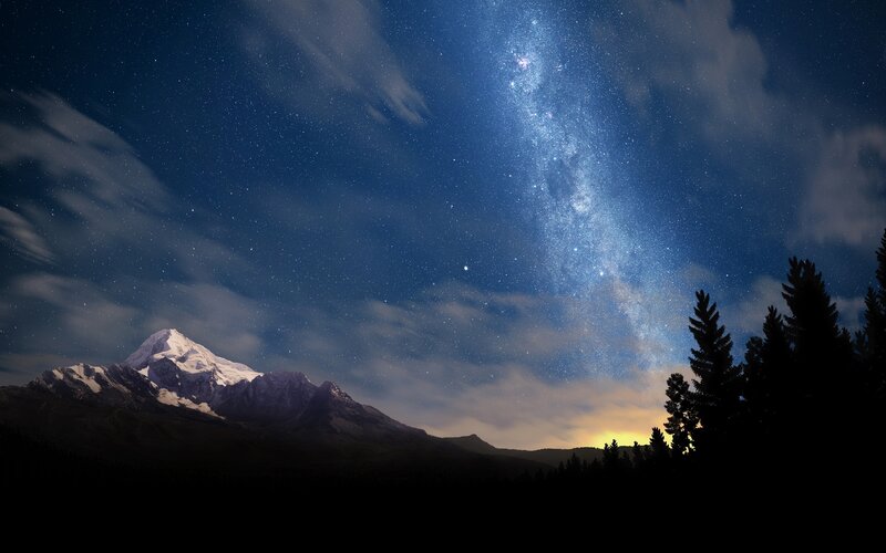 Snow-capped Mountain under Stars — Blue, Serene, Night