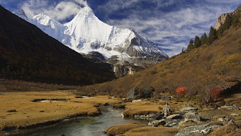 Snow-capped mountain valley