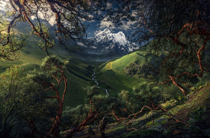 Snow-capped Mountain Valley — Green, Dramatic, Afternoon