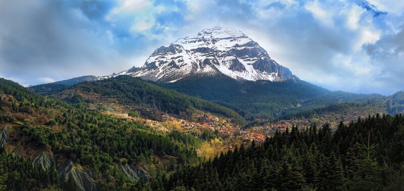 Snow-capped Mountain Village — Green, Dramatic
